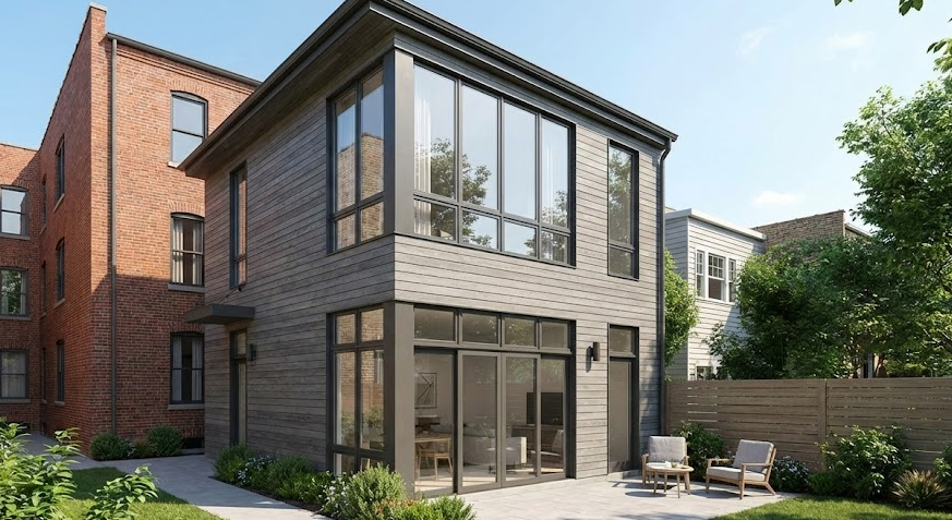 A modern, newly constructed coach house in the rear of a Chicago lot, representing the high-value potential of the new ADU ordinance.