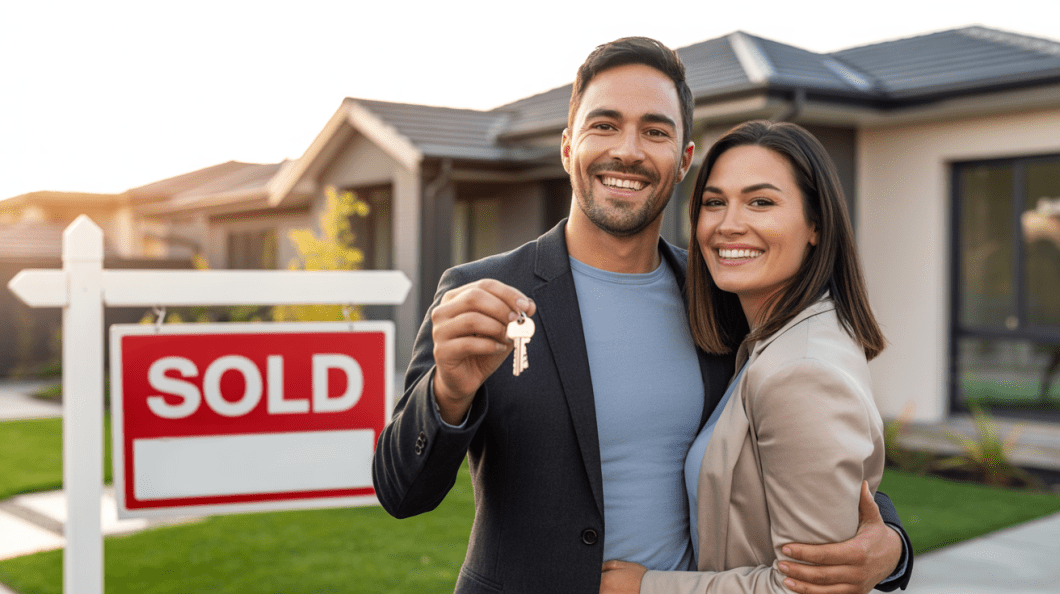 First-time home buyers in their 40s celebrating with house keys and sold sign