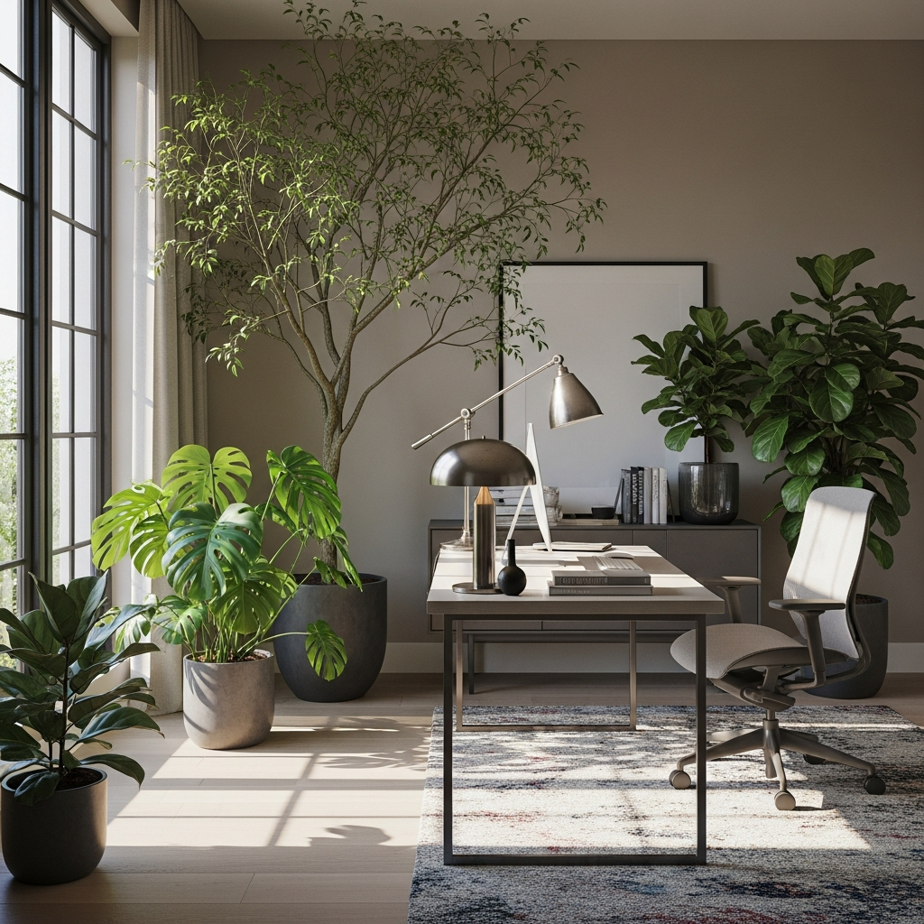 Biophilic design in a modern home office with natural light