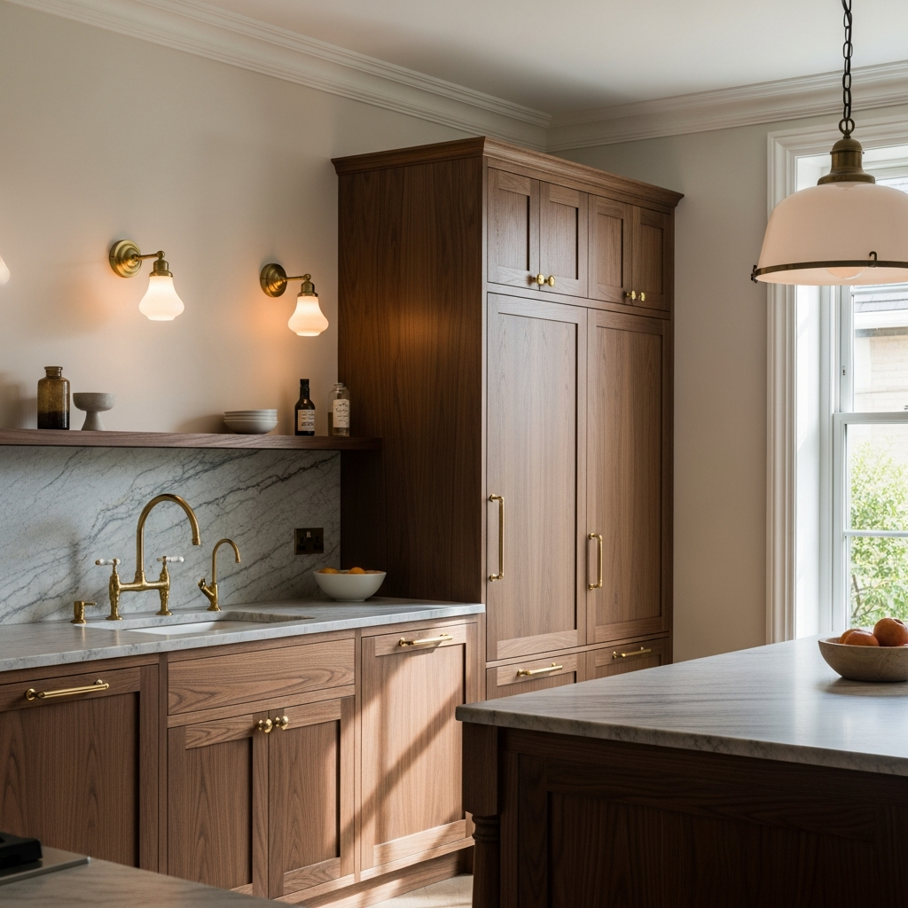 Modern heritage kitchen with dark wood cabinets and unlacquered brass