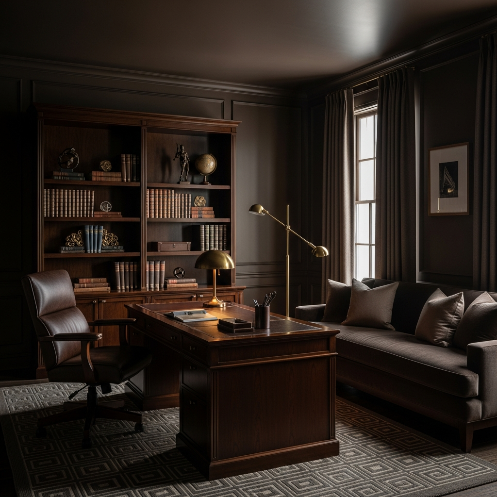 High quality luxury interior design featuring moody color drenching and warm minimalism elements